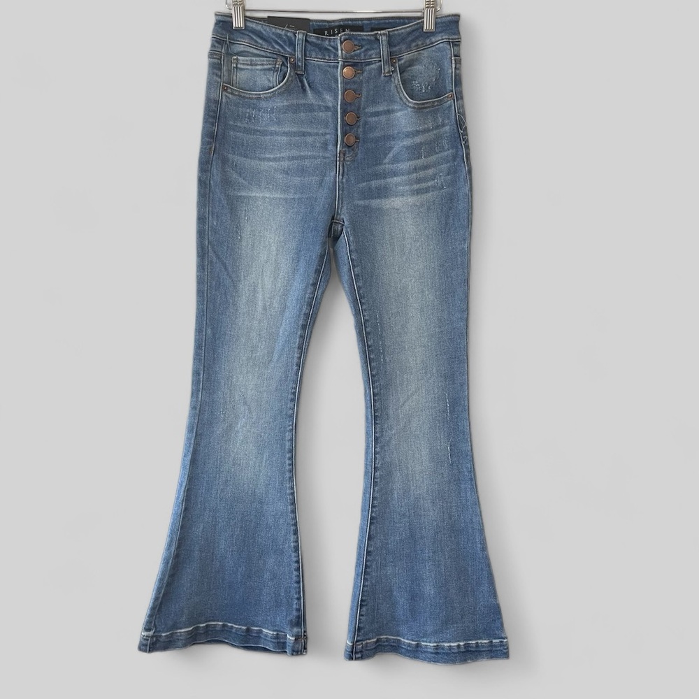 RISEN LOS ANGELES Jeans Woman’s 7/28 Button Fly Flare Medium Wash Stretch